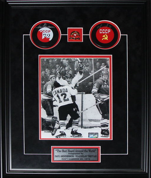 Paul Henderson & Vladislav Tretiak Team Canada & Russia Signed Pucks with 8x10 Frame