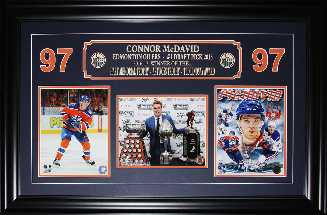 Connor McDavid Edmonton Oilers 2017 MVP Hart Art Ross Ted Lindsay 3 Photograph Hockey Frame