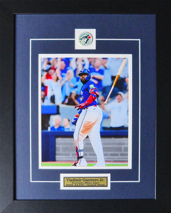 Vladimir Guerrero Jr. Toronto Blue Jays 2025 ALDS Grand Slam Bat Flip Baseball Memorabilia 8x10 Frame (Back Color)