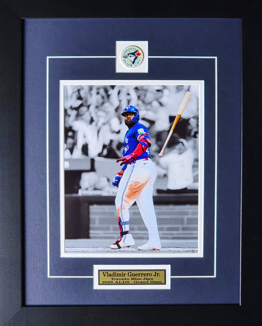 Vladimir Guerrero Jr. Toronto Blue Jays 2025 ALDS Grand Slam Bat Flip Baseball Memorabilia 8x10 Frame (Back Spotlight)