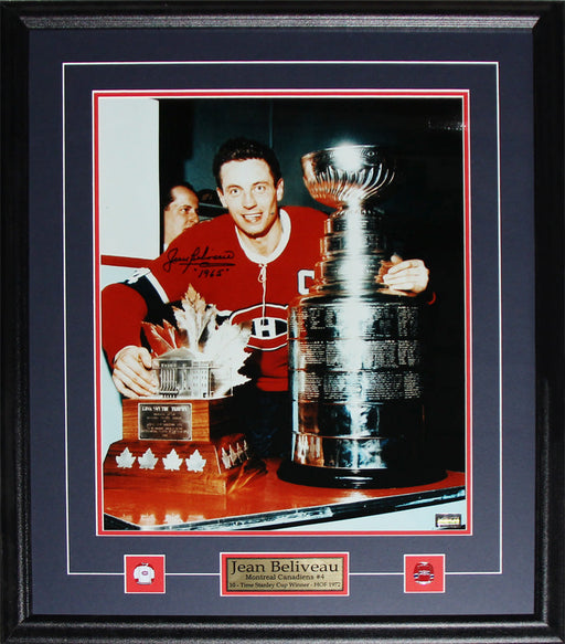 Jean Beliveau Montreal Canadiens Stanley Cup trophies Signed 16x20 Hockey Frame