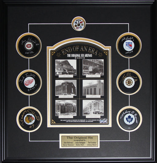 End of An Era Original Six Signed Pucks Beliveau Lindsay Hull Bathgate Cheevers Bower Hockey Frame