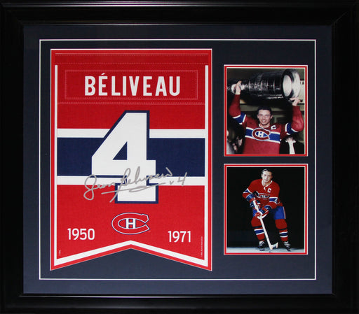 Jean Beliveau Montreal Canadiens Lazer Etched Autograph Felt Jersey Banner Hockey Sports Memorabilia Collector Frame