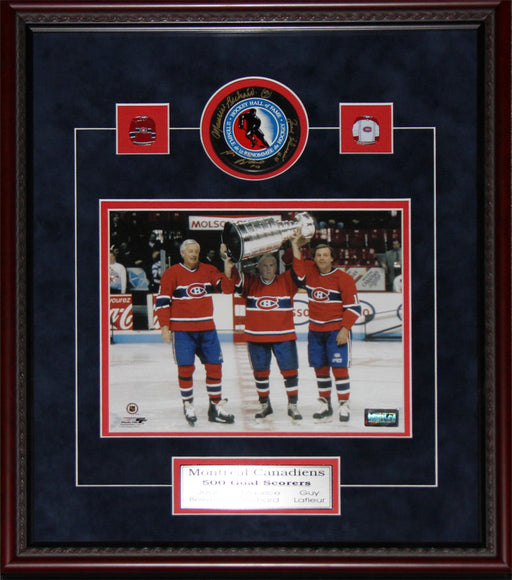 Montreal Canadiens 500 goal scorers Signed by Maurice Richard Jean Beliveau Guy Lafleur Hockey Frame puck