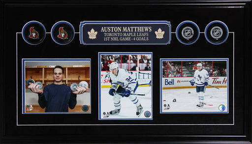 Auston Matthews Toronto Maple Leafs First Game Rookie Record 4 Goals 3 Photo with pucks Hockey Frame