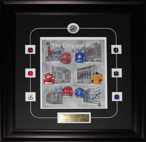 Original Six Arena's Print Signed by Yvan Cournoyer, Eddie Shack, Red Kelly, Gerry Cheevers, Pierre Pilote, Harry Howell