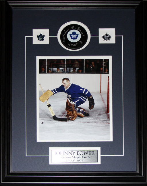 Johnny Bower Toronto Maple Leafs Signed puck with 8x10 Hockey Frame