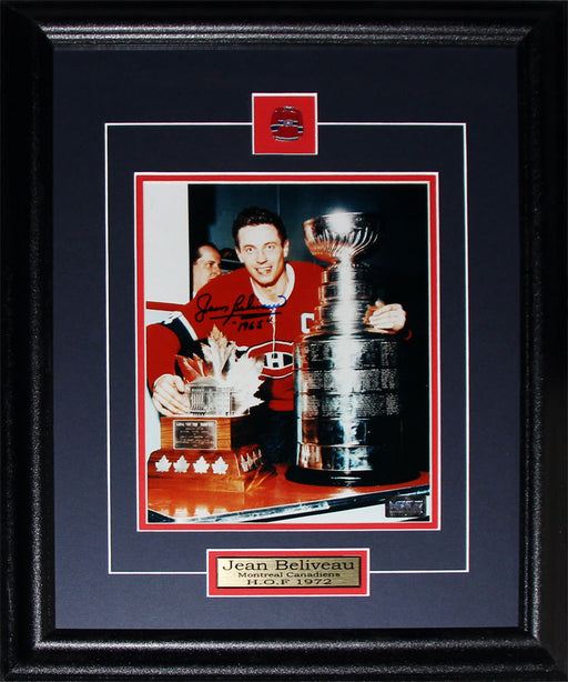 Jean Beliveau Montreal Canadiens Stanley Cup trophies Signed 8x10 Hockey Frame