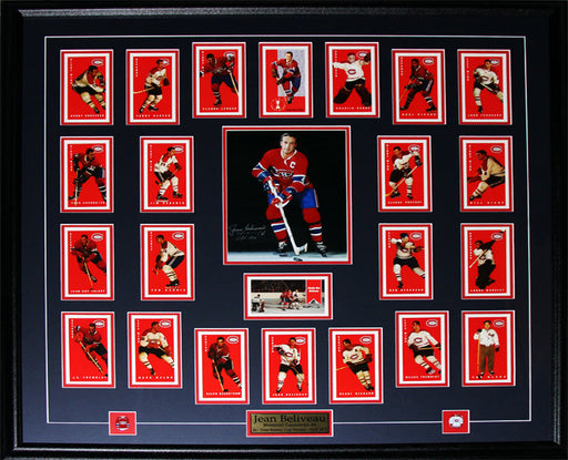 Jean Beliveau Montreal Canadiens Signed 8x10 Hockey Frame with Montreal Cards